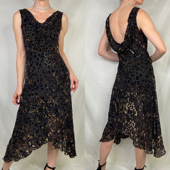 SOLD Sue Wong beaded silk velvet burnout cowl neck midi dress asymmetrical 8 - Picture 10 of 13